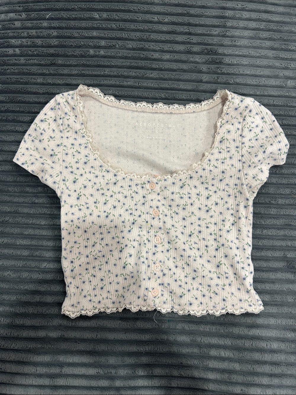 Aeropostale Cream Ribbed Crop Top with Blue & Green Floral Print